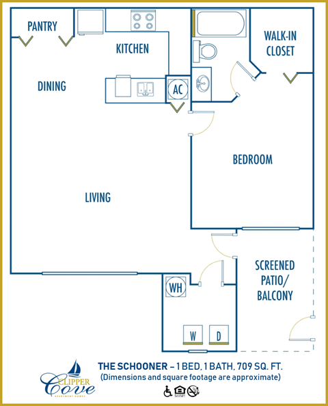 Floor plan for 1 bed, 1 bath, 709 sqft